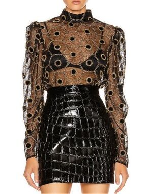 ✨ Saloni Lace Top – NWT – Black & Gold Beaded ✨